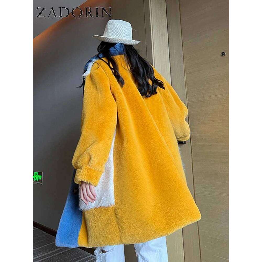 ZADORIN 2024 Winter Jackets for Furry Warm Splicing Contrast Color Blue Faux Fur Coat Long Jacket Cardigan Women