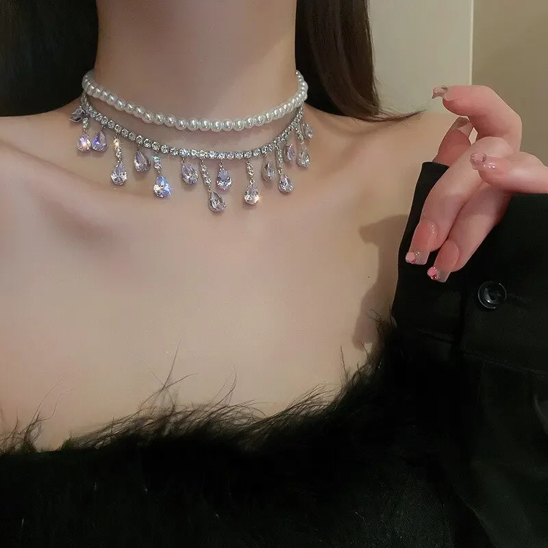 Rhinestone Crystal Chokers Necklaces For Women Multilayer Pearl Chain Necklace for Party Jewelry Accssory Gifts 250522