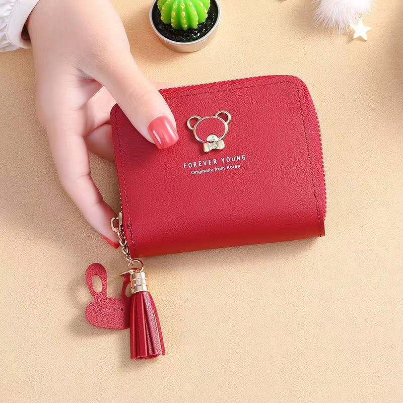 Free Shipping Designer Wallet New Women's Wallet Short Cartoon Cute Bear Tassel Student Coin Purse Zipper Bag