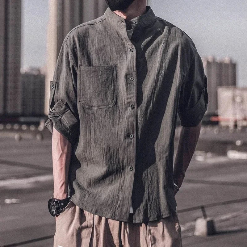 Mens Shirt with Pocket Plain Linen Male Shirts Clothing High Quality Casual Regular Japanese Vintage I Sleeves 250527