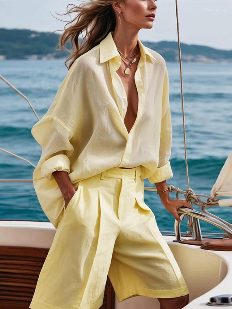 Women's Tracksuits Casual Solid Shirts Shorts Sets Women Single Breasted Elegant Lapel Wide Leg Suits 2025 Summer 2 Pieces Set