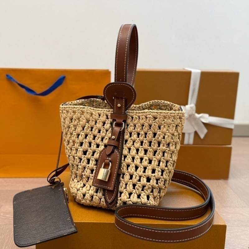 luxury designer raffia bucket bags drawstring shoulder bag women straw summer beach bag fashion tote weaved handbag leather straps crossbody dickylady purse