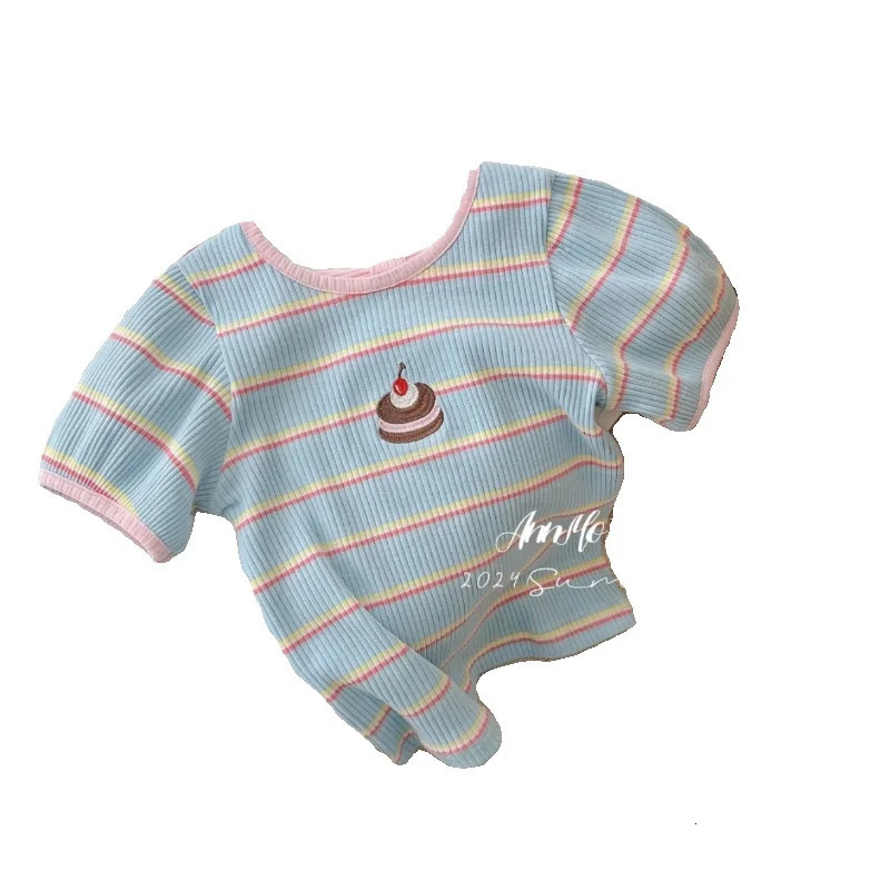 Childrens Clothing Girls Short Sleeve Tshirt Summer Sweater Blue Striped Cake Womens Top 250528