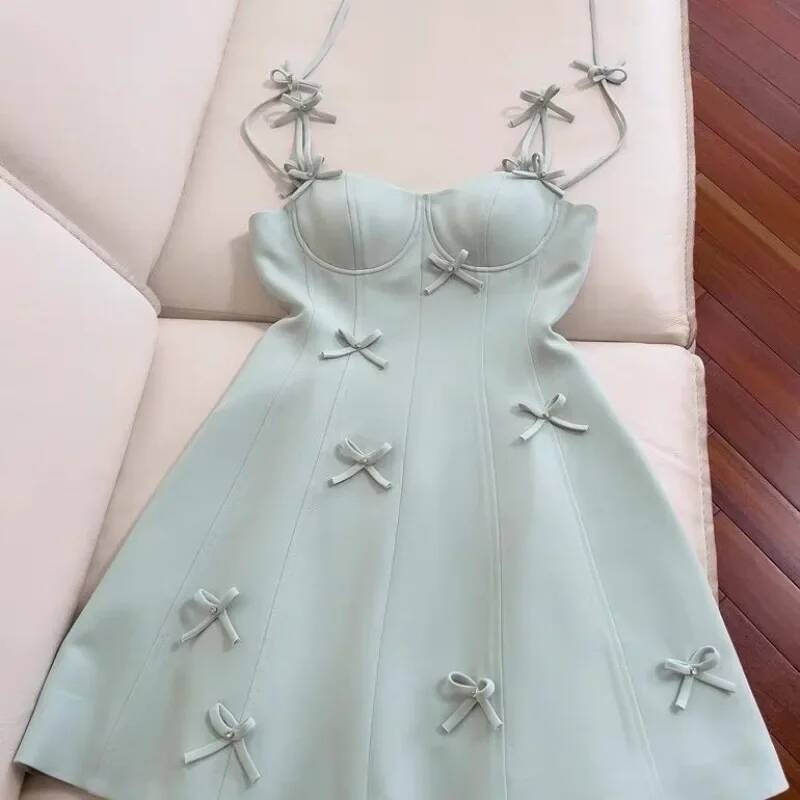 Sweet Hot Girl Pure Sexy Bow Strap For Women's Summer Square Collar Slim Fit A-Line Short Dress Fashion Female Clothes