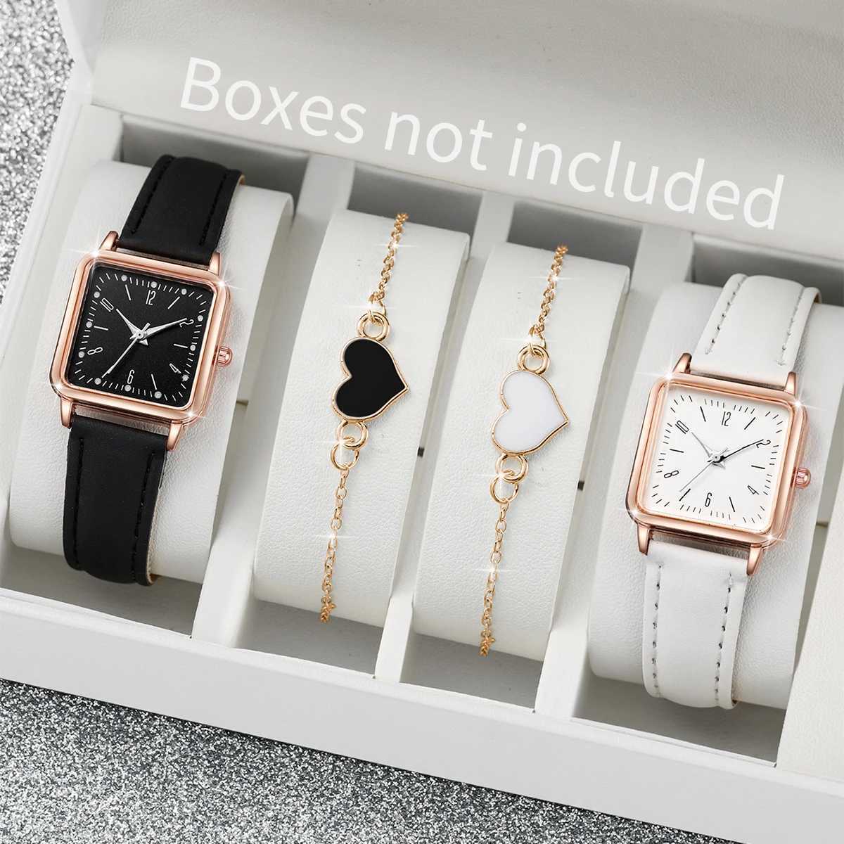 2/4PCS Fashion Square Womens Watch Leather Band Quartz Watches Heart Bracelet SetWithout Box XJ250527