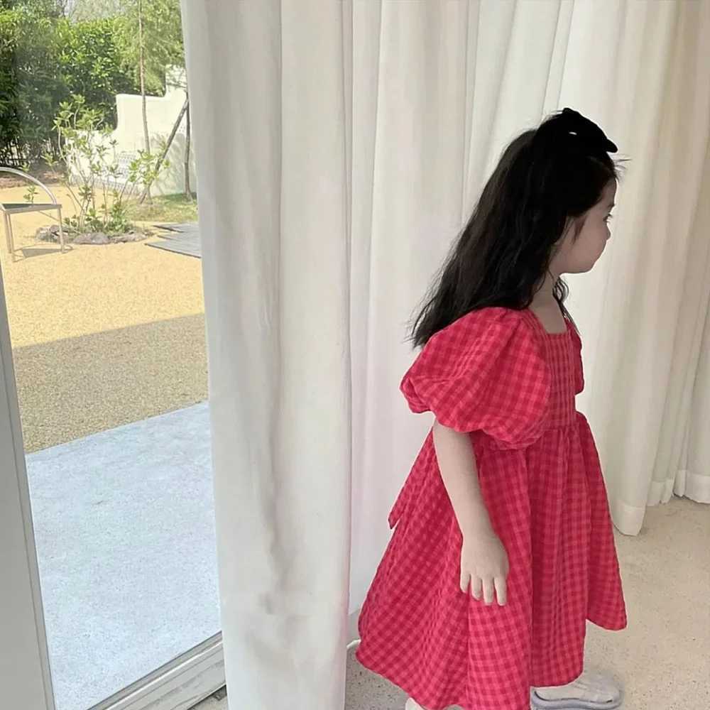 Red Checkered Butterfly Condensation Back Dress Childrens Wedding Party Clothing Bubble Sleeve Square Neck Pleated Dresses X250528