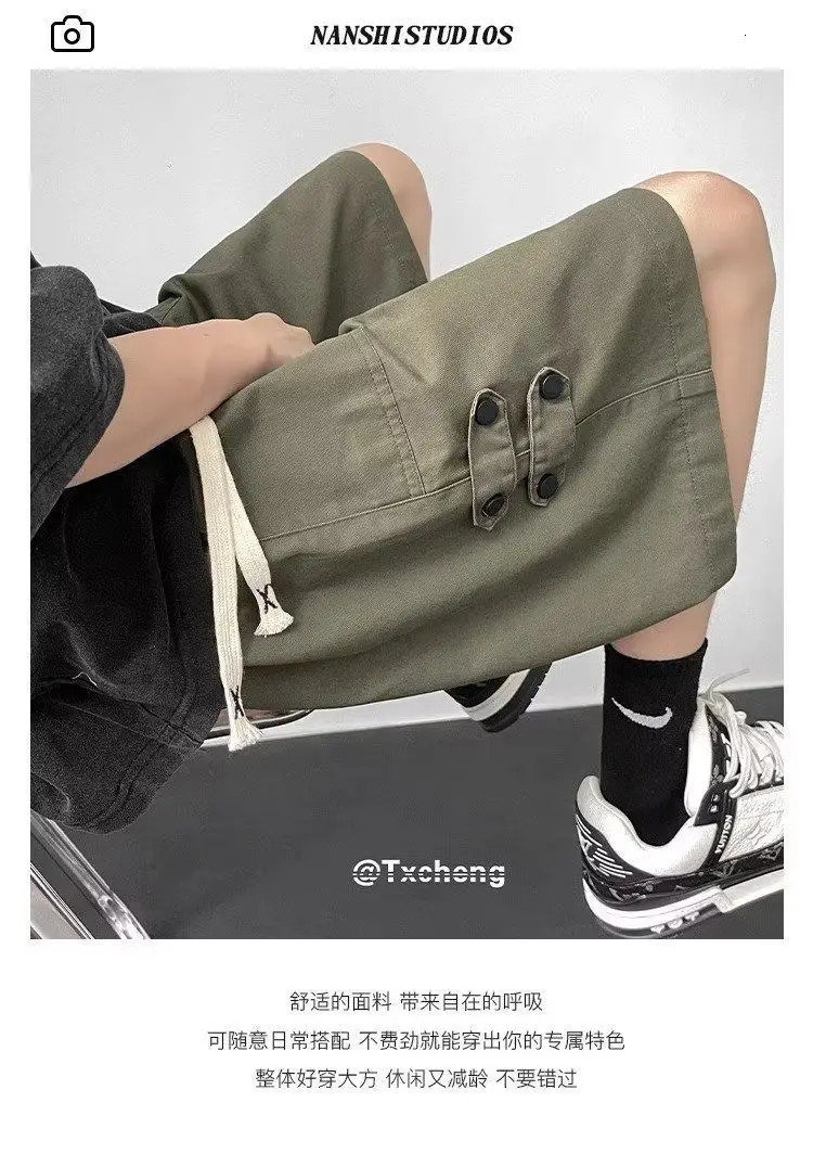 Pure Cotton Tool Shorts Men Summer Japanese Five-point Loose Casual Wide-leg Over-knee Mid-trouser Pants 250527