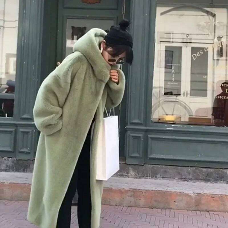 Mid-length Women Imitation Mink Cashmere Overcoat Autumn Winter New Casual Hooded Long Sleeve Thicken Warm Faux Fur Outwear