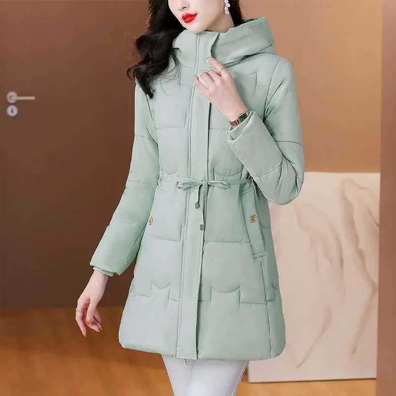 Fashion New Midi Parkas Autumn Winter Cotton-padded Jacket Show Off Weight Thicken Windproof Thermal Hooded Chic Corset Coat