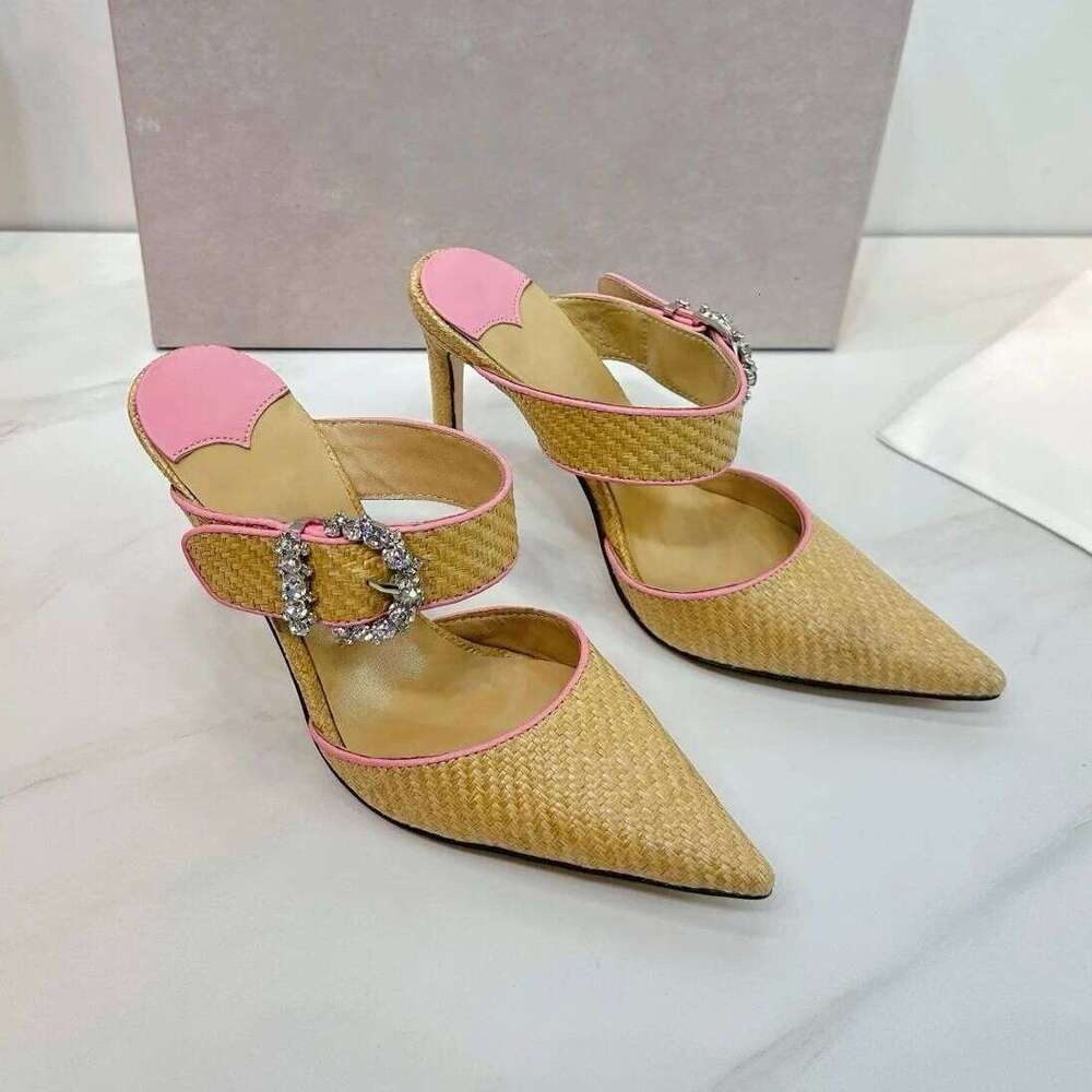 Top Version 2025 New Dia Buckle Rafi Grass Braided Pointed-Toe Slim High Heel Half Slippers Mules Shoes Bota Feminina