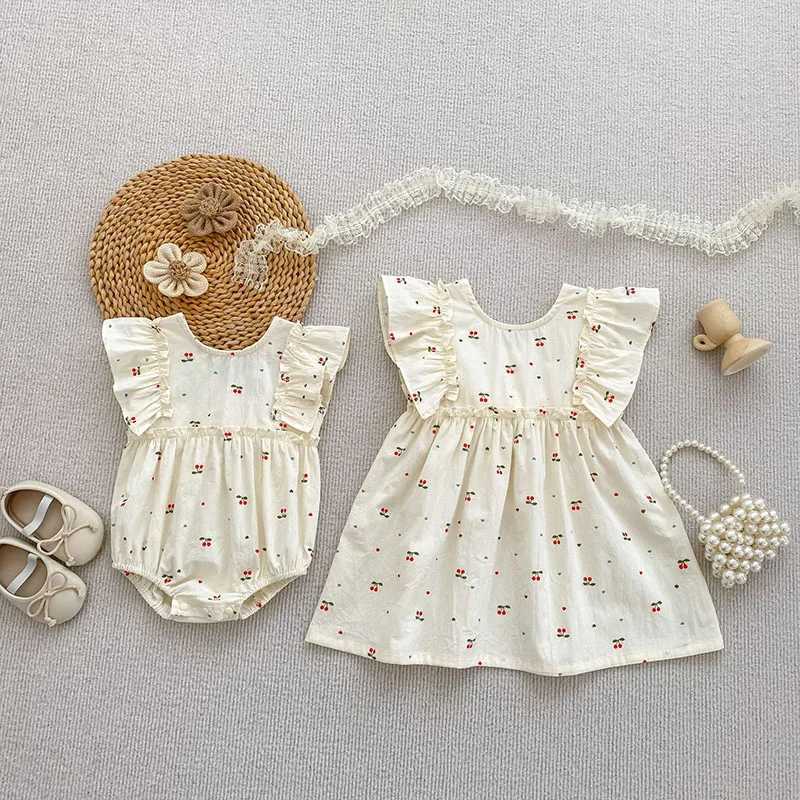 Summer Kids Sisters Sleeveless Dress 2-6T Cute Love Cherry Girls Bow Dress Baby Bodysuit X250528