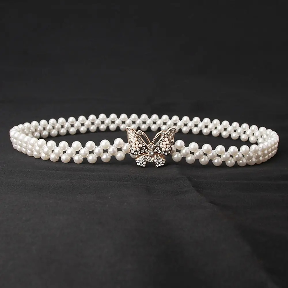 Exquisite Butterfly Buckle Waistband Elastic Pearls and Rhinestones Waist Strap Casual Waist Belts Clothing Decoration 250523