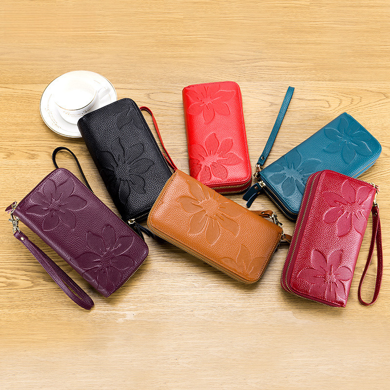 Free Shipping Designer Wallet Women's Double Zipper Genuine Leather Wallet RFID Large Capacity Long Style Top Layer Cowhide New Phone Bag Clutch