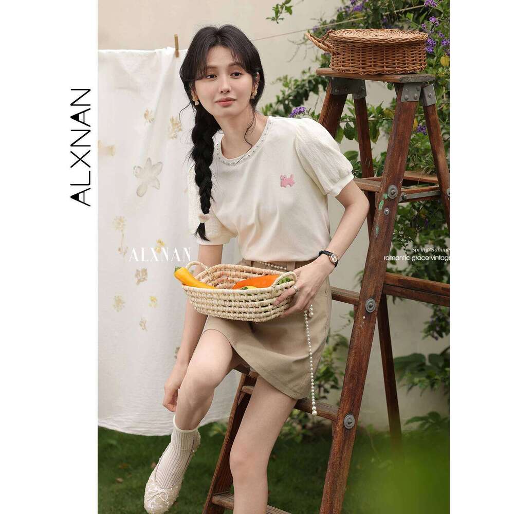 ALXNAN Women's Elegant Embroidered Beaded Short T-Shirt 2025 Summer Loose Boho Chic Puff Sleeve Top Ladies L53793