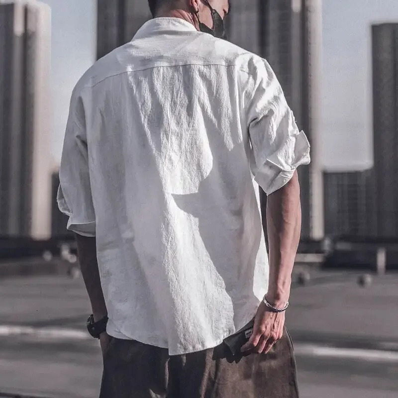 Mens Shirt with Pocket Plain Linen Male Shirts Clothing High Quality Casual Regular Japanese Vintage I Sleeves 250527
