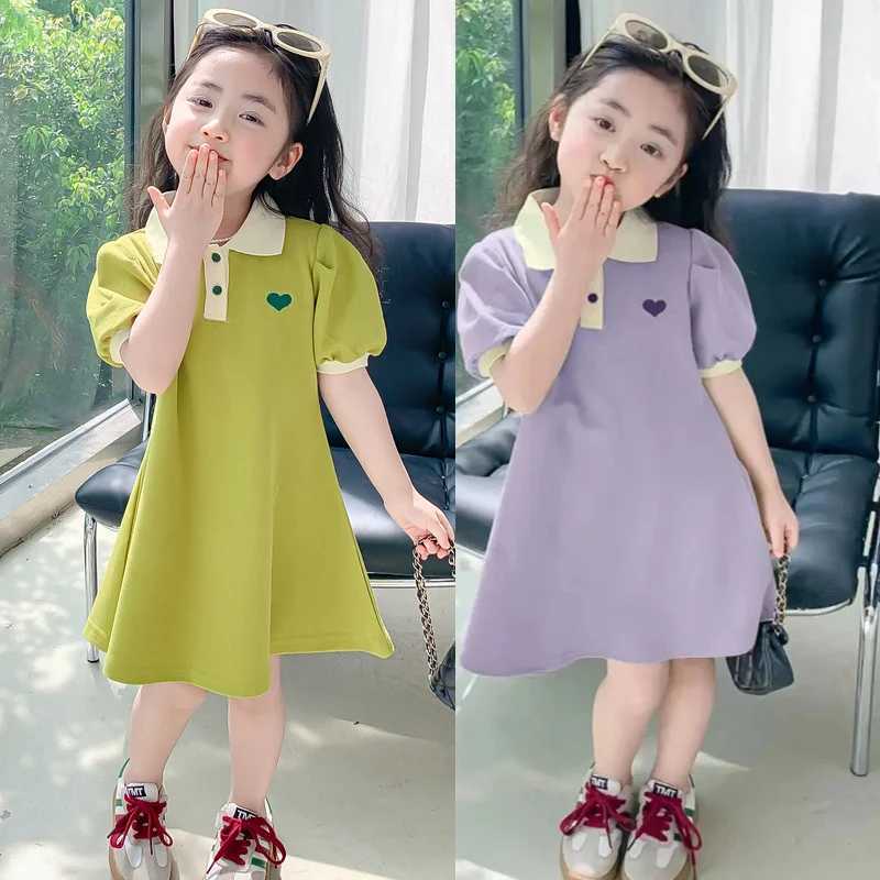 Summer New Girls Princess Dress Solid Color Heart Embroidery Pattern Lapel Collar Dress For 2-12 Years Teen Kids Casual Dress X250528
