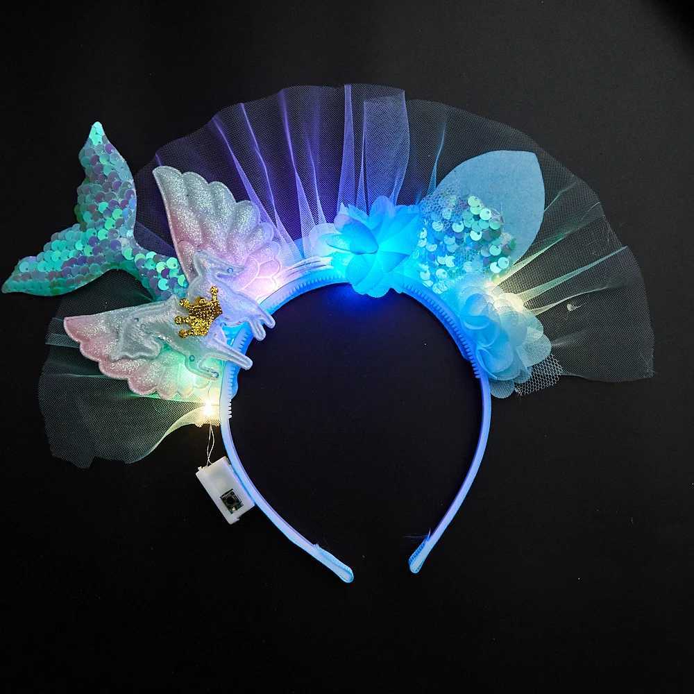 1/10/20 PCSLED Light Up Mermaid Tail Headband for Girls Glitter Sequin Hairband with Tulle and Crown for Party Birthday and W250528