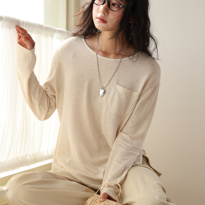 DR220 New Round Neck Long Sleeve Skin-friendly Loose Pocket Top Blouse
