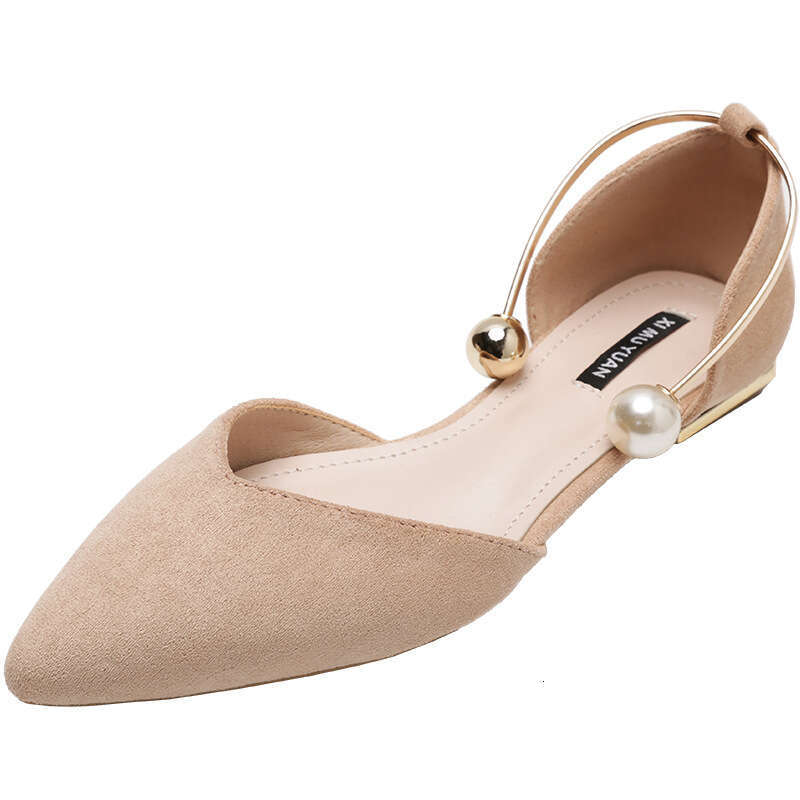 2025 Hot Hot Spring New Single Women's Pearl Ring Metal Heel Hollow Pointed Shallow Mouth Flat Bottom Shoes