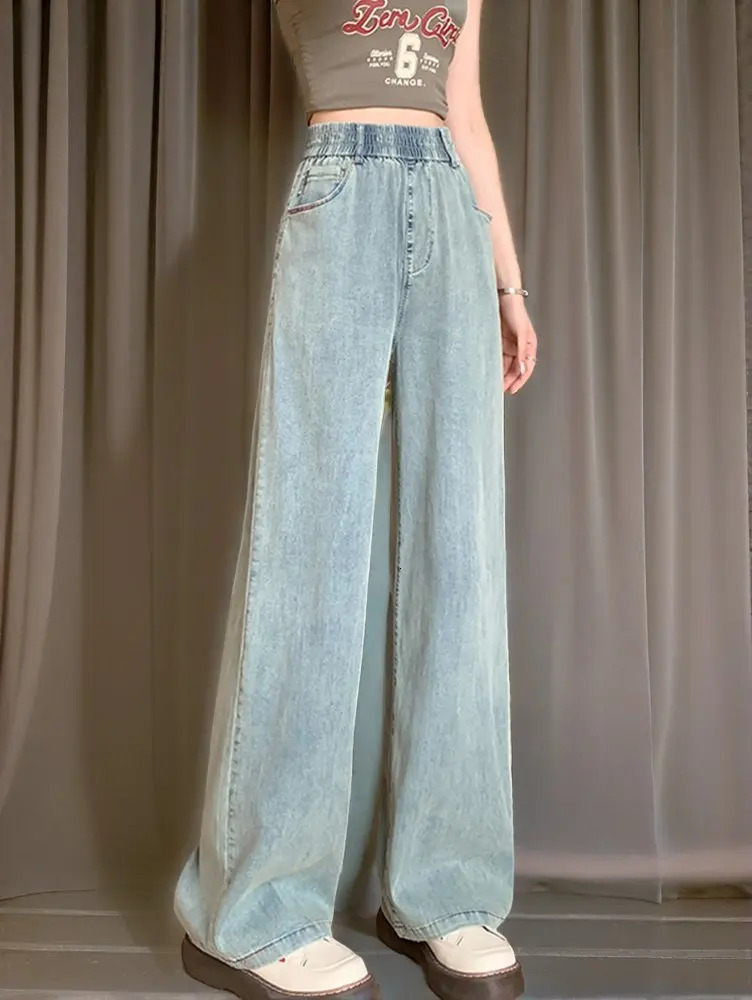 2025 Summer High Waist Denim Jeans For Women Wide Leg Loose Casual Blue Jean Woman Full Length Pants Trousers 250516Z