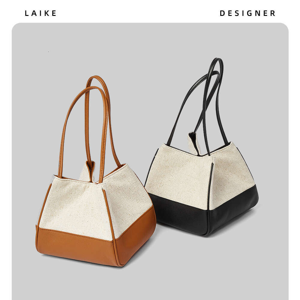Women's 2024 New Korean Internet Celebrity Color-Block Canvas Tote Basket Handbag Shoulder Crossbody Bag