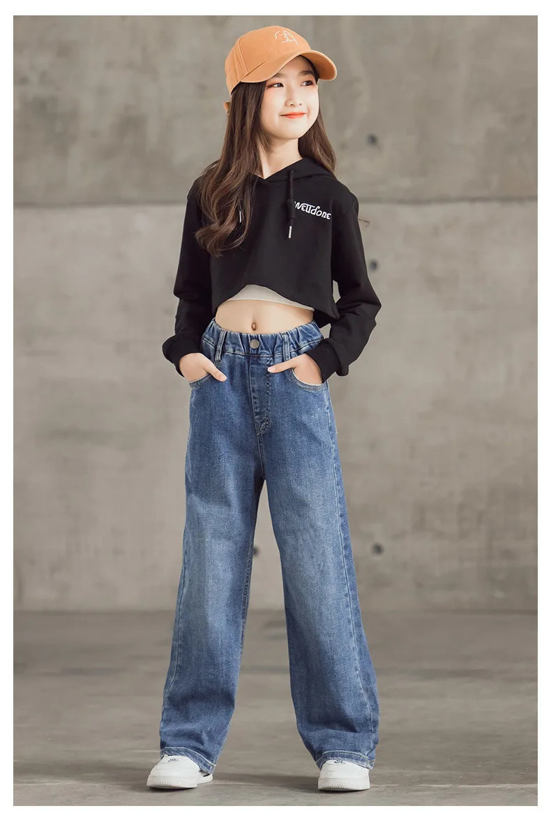 3 9 Y childrens Jeans Cotton Spring Autumn Stylish and Comfortable Kids Girls Elastic Waist Wide Leg Pants 250528