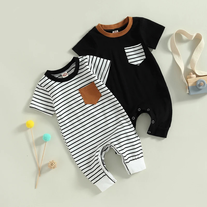 -02-22 Lioraitiin 0-18M born Baby Boys Summer Jumpsuit Round Neck Contrast Color Short Sleeve Striped Romper 250528