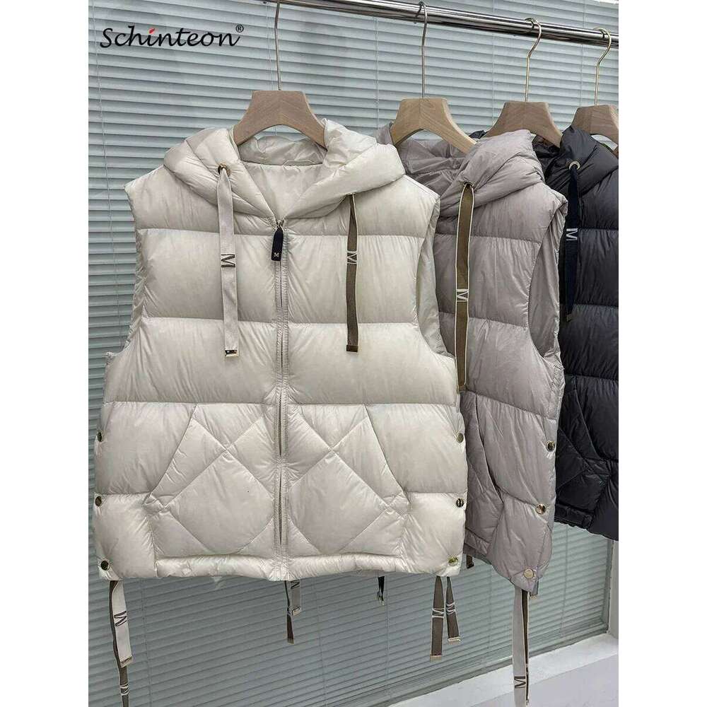 Schinteon Women 90% White Duck Down Vest with Hood Casual Sleeveless Jacket Simple Solid Color Fashionable Autumn Winter Top New