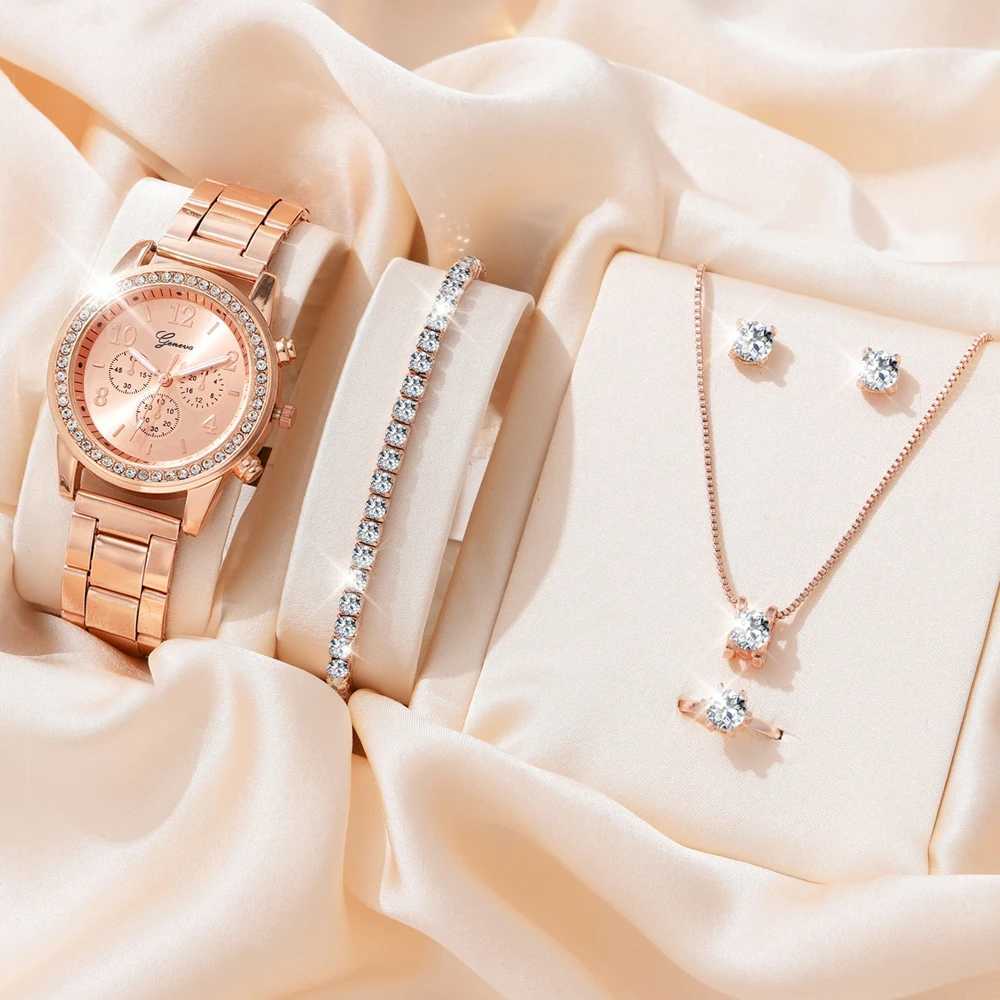 6PCS Set Luxury Watch Women Ring Necklace Earrings Rhinestone Fashion Wristwatch Female Casual Ladies Watches Bracelet Set Clock XJ250527