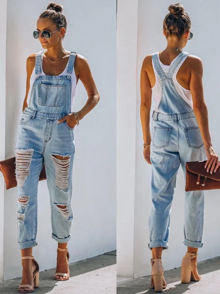 Women Jeans Long Pant Denim Pants One Piece Suspenders Straight Trousers Splice Hole High Waist Casual Overalls Autumn 250523