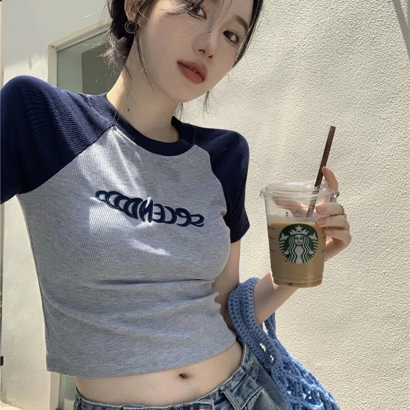 Y2K Women T Shirt Patchwork Letter Slim Fit Crop Tops Streetwear Casual Korean Fashion Short Sleeve Tshirts Bae Female Tees 250517