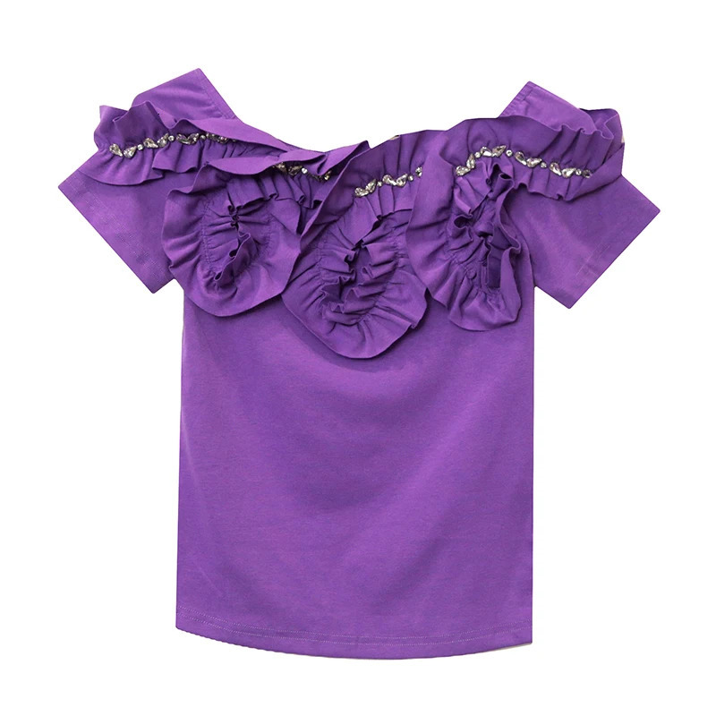 2024 Summer European Clothes TShirt Chic Sexy Off Shoulder Patchwork Ruffles Diamonds Tops Short Sleeve Tees 078 250519