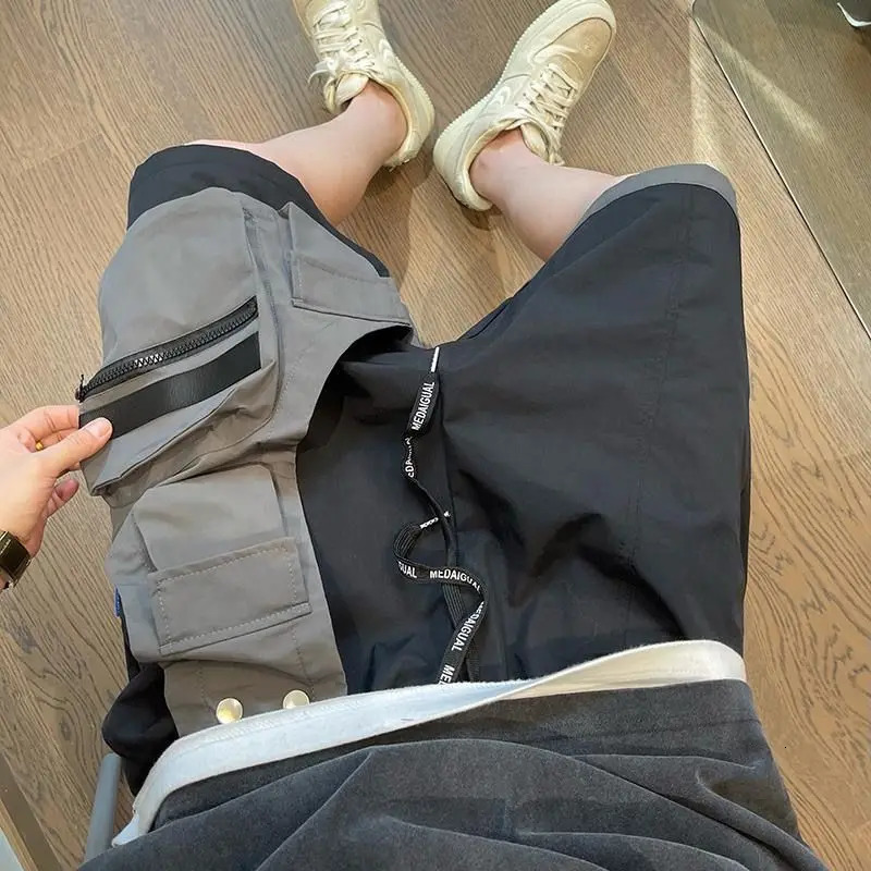 Black and Gray Splicing Versatile Fake Two-piece Pocket Mens Summer High Street Workwear Casual Shorts 250523