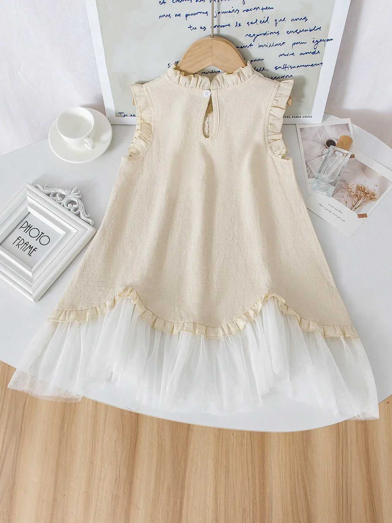 Girls Beige Mesh Dress Boho Mock Neck Ruffle Hem for Party/Photo Shoots Ages 4-7 Spring-Summer X250528