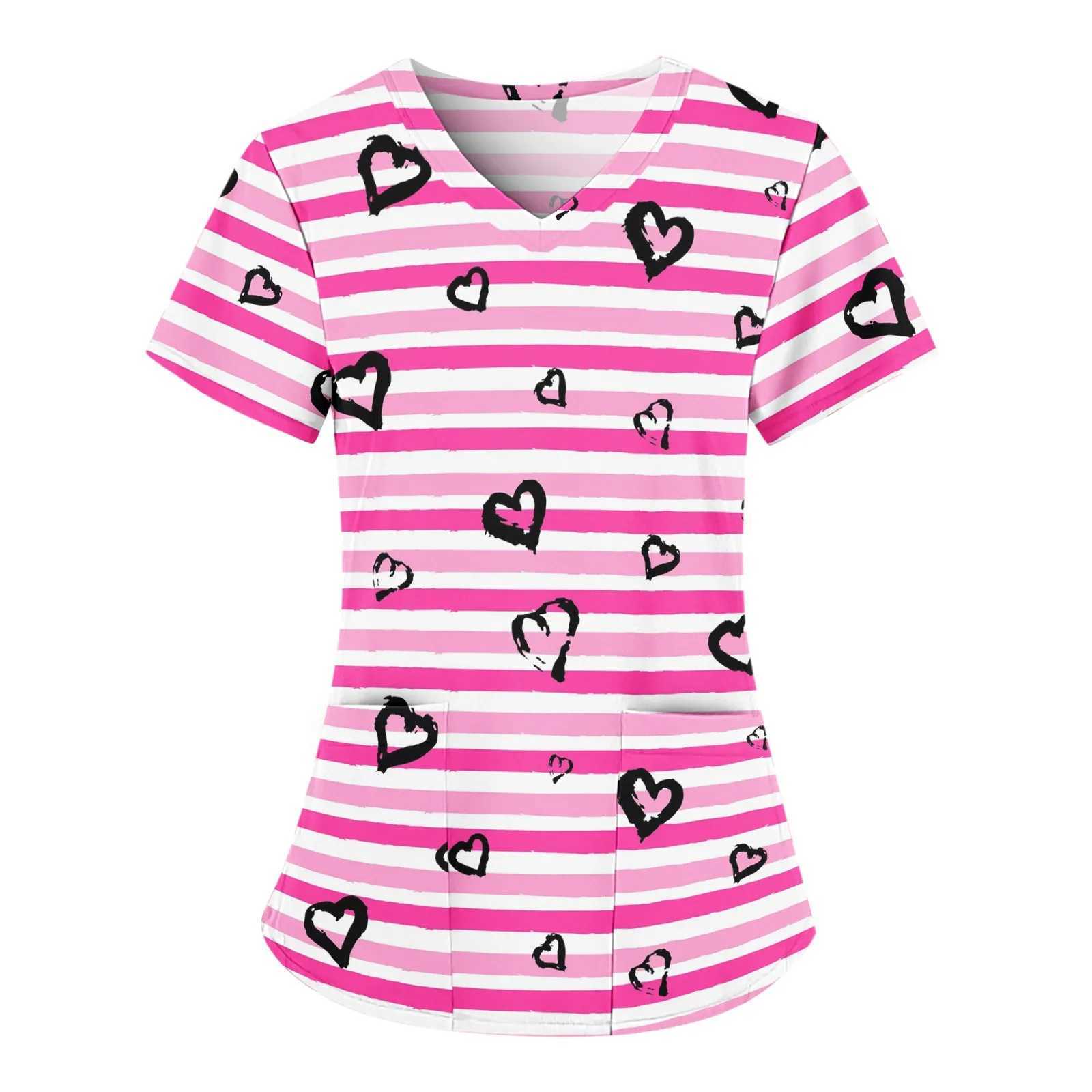 Nursing Uniform Womens Working Clothes Scrubs Top With Two Pockets Graphic Printing V-Neck Medical Short Slve Ts Blouse X250528