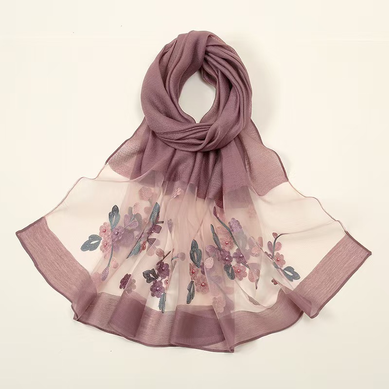 T824 new silk wool flower embroidery beaded scarf organza thin large shawl embroidered all-match long headscarf