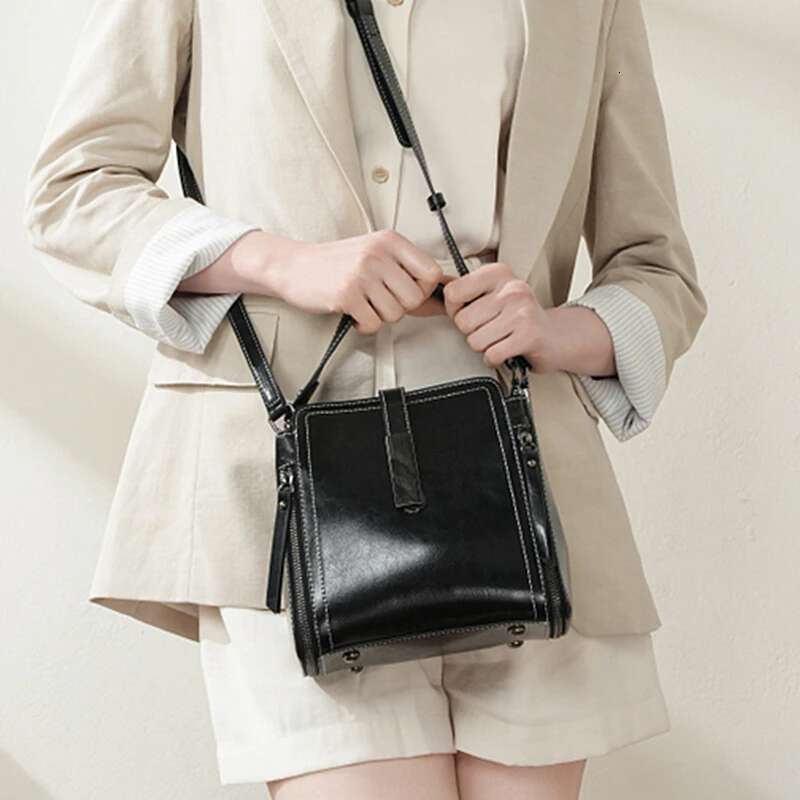 Burminsa Vintage Genuine Leather Bucket Small Shoulder Crossbody Bags For Women 2025 Designer Top Handle Ladies Handbags
