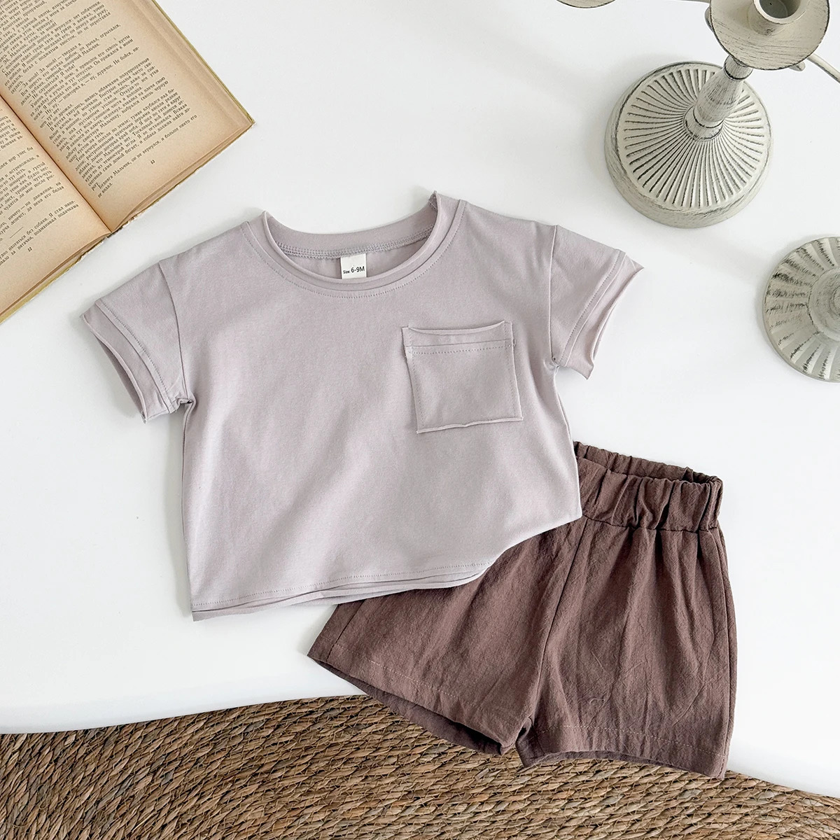 Summer born Baby Boys Girls Korean Version Clothes Set Home Leisure Solid Color Shirt Shorts Sports Suit 2PcsSet 250528