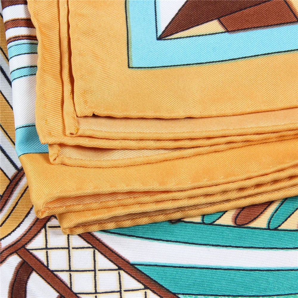 90CM Twill Silk Saddle Chains Print Square Scarf Shawl Women Hijabs Bandana Handmade Curled Foulard Head Scarves 250527