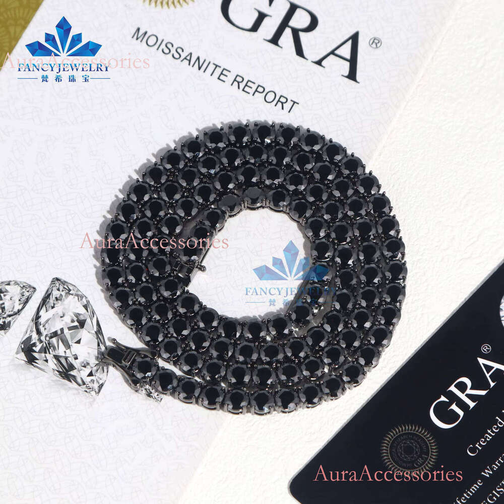 2025 Rhodium Plated 3mm-5mm Sterling Sier Chain Iced Black Moissanite Dia Tennis Necklace