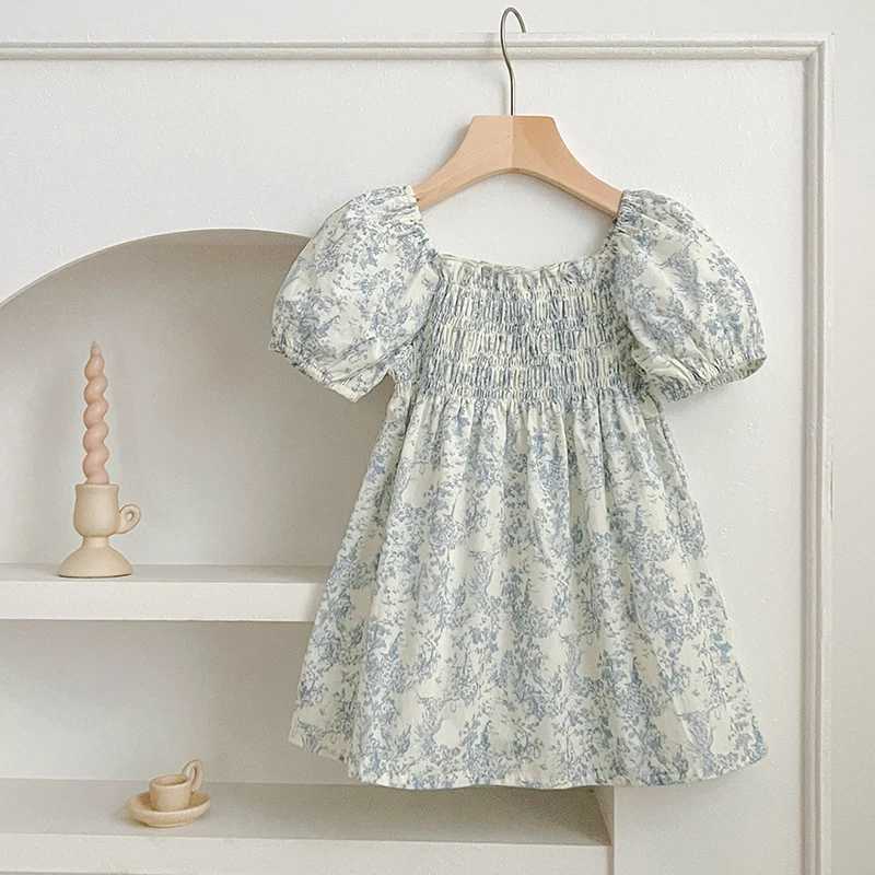 New Summer Clothes Baby Girls Princess Dresses Puff Sleeve Blue Flower Toddlers Vacation Kids Cotton Cute Dress Korean Style X250528