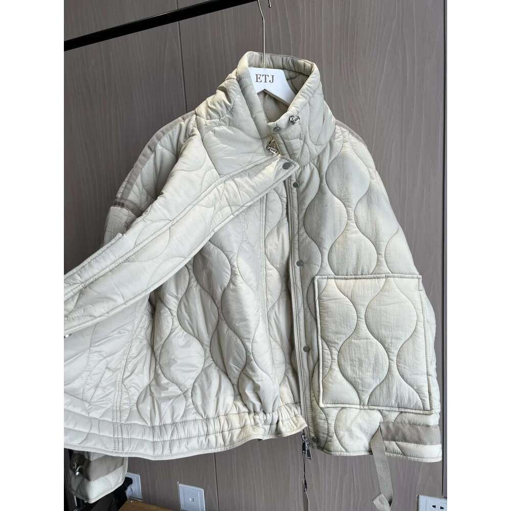 Quilted coat ETJ traf QUILTED JACKET WITH TIES new beige drawstring high neck pocket clip cotton jacket for women