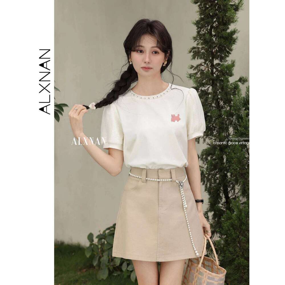 ALXNAN Women's Elegant Embroidered Beaded Short T-Shirt 2025 Summer Loose Boho Chic Puff Sleeve Top Ladies L53793
