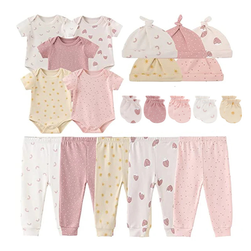 81920PCS Cotton born Baby Girl Clothes Cartoon BodysuitsPantsHatsGloves Sets Print Boy Solid Color Bebes 250528