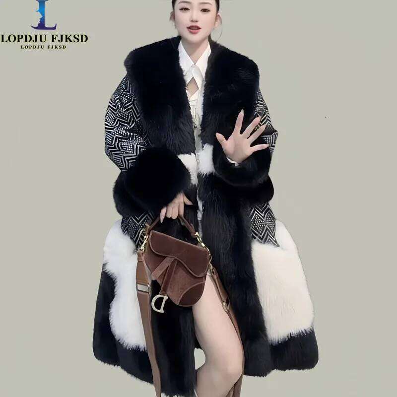 Faux Coat for Women,England Style Jacket,Thick Designer Female Clothes,Faux Fox Fur Collar, High Quality,New,Winter,2025