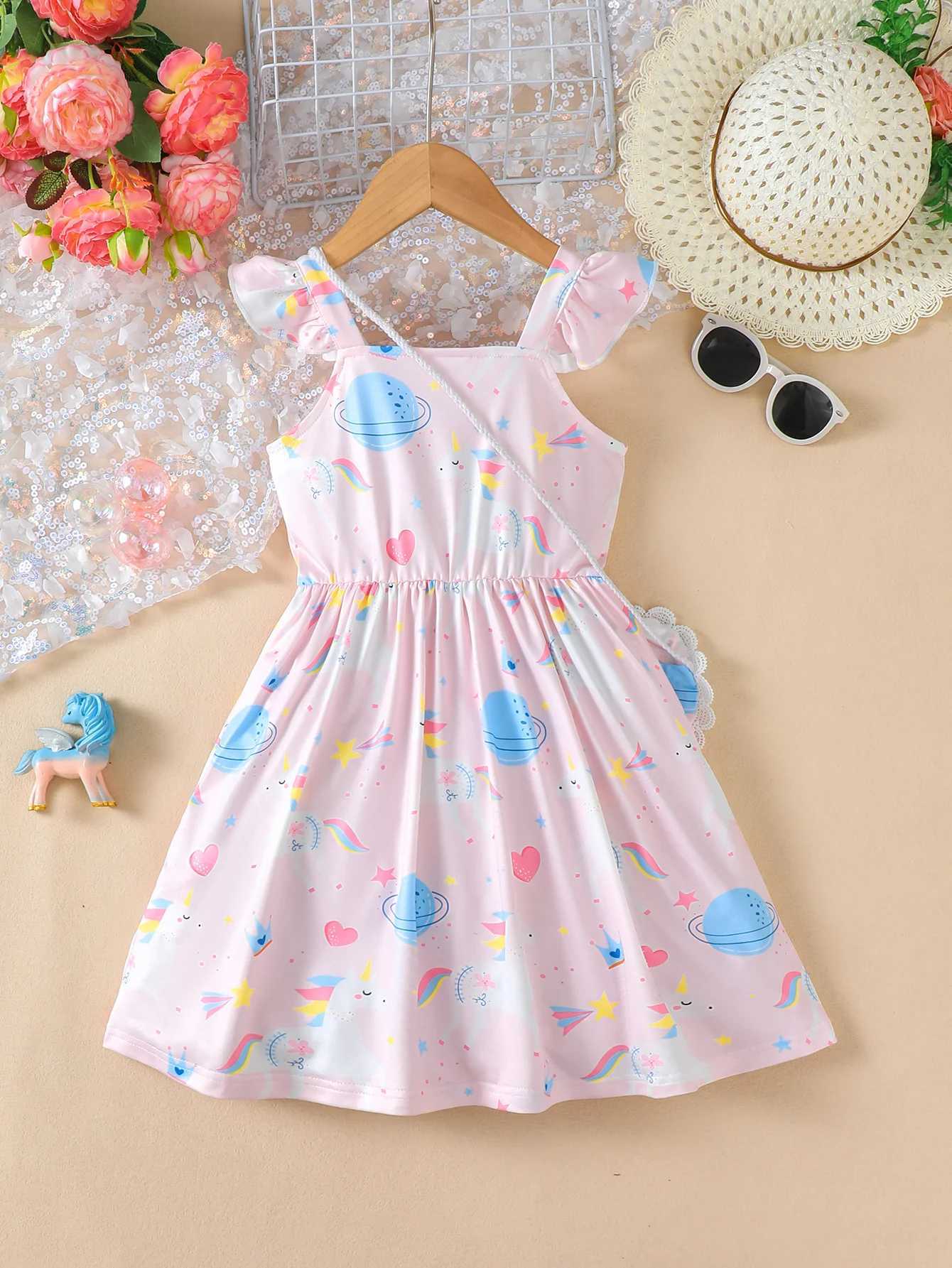 4-7 Year old Girls Summer Camisole Dress with Pink Print Fashion dress+love Bag 2Pcs Little girl Dress X250528