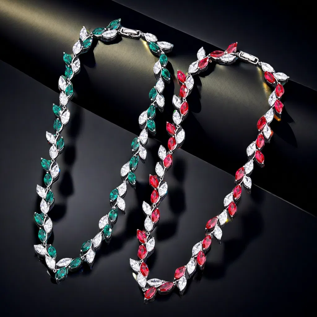 S925 sterling silver 6*12 maquise imitation emerald and red corundum leaf luxury exquisite lightweight luxury necklace love gift for mom girlfriend da