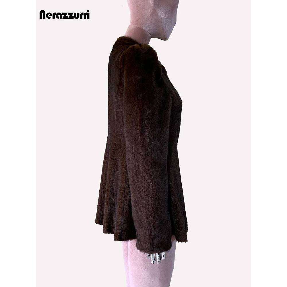Nerazzurri Winter Short Brown Thick Warm Soft Fitted Faux Mink Fur Coat Women Single Button Elegant Chic Fluffy Jacket