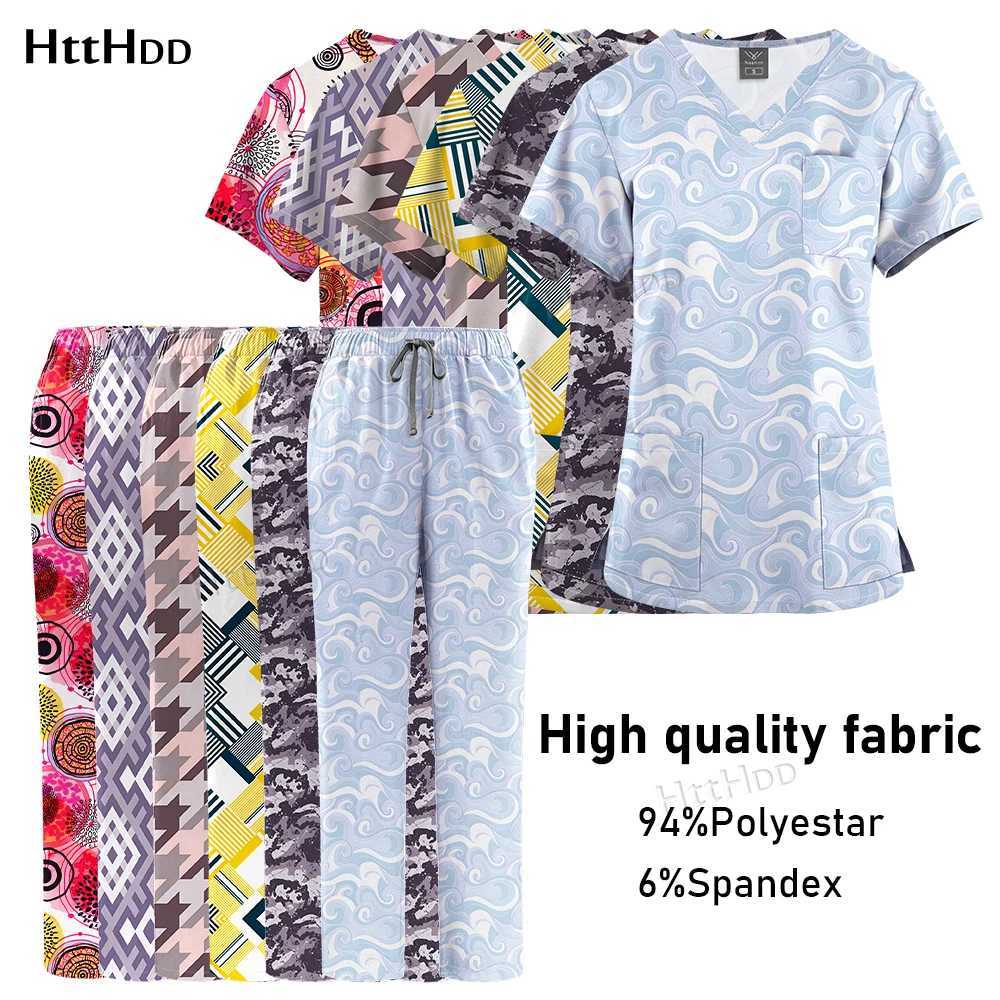 High-quty Printed Nurse Scrub Top Pants Sets Nursing Medical Scrubs Uniform for Women V-Neck Vet Workwear Nursing Uniform Men X250528