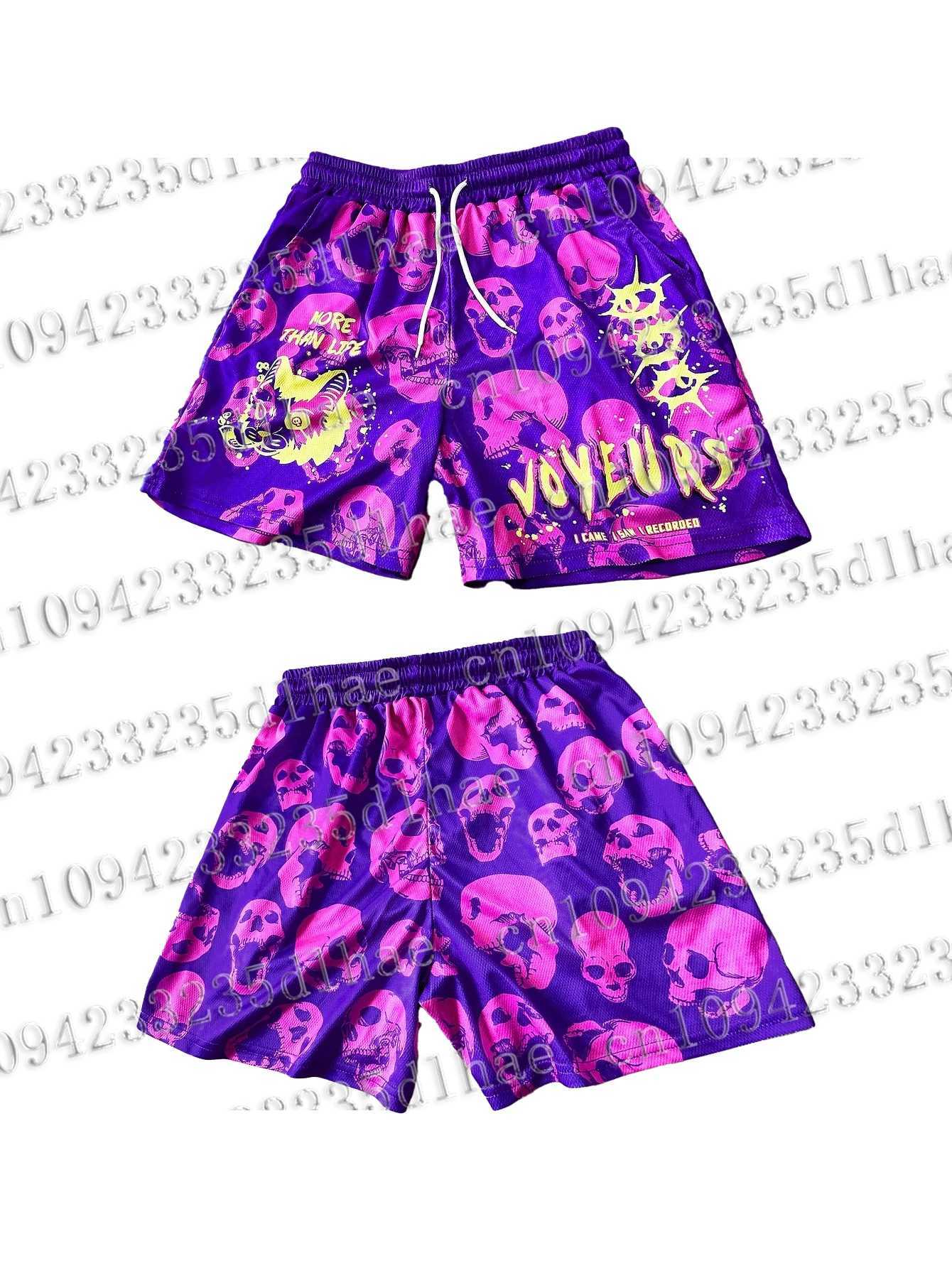 Mens Youthful Street Style Gym Shorts High Street Skull Digital Print Basketball Mesh Fabric Purple Casual Shorts Men Clothing X250528